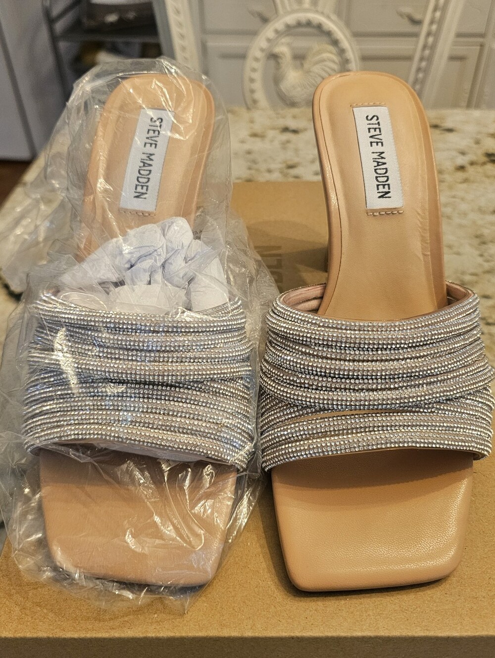 NWOT/Steve Madden Nude Slide Mules with Silver Rhinestone Band